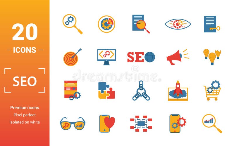 Seo icon set. Include creative elements search optimization, search result, right solution, code optimization, website royalty free illustration Seo icon set. Include creative elements search optimization, search result, right solution, code optimization, website royalty free illustration