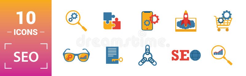 Seo icon set. Include creative elements search optimization, search result, right solution, code optimization, website vector illustration Seo icon set. Include creative elements search optimization, search result, right solution, code optimization, website vector illustration