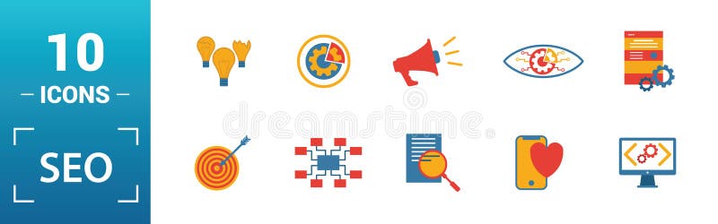 Seo icon set. Include creative elements search optimization, search result, right solution, code optimization, website royalty free illustration Seo icon set. Include creative elements search optimization, search result, right solution, code optimization, website royalty free illustration