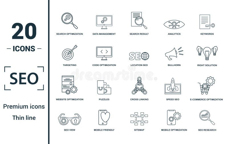 Seo icon set. Include creative elements search optimization, search result, right solution, code optimization, website royalty free illustration Seo icon set. Include creative elements search optimization, search result, right solution, code optimization, website royalty free illustration