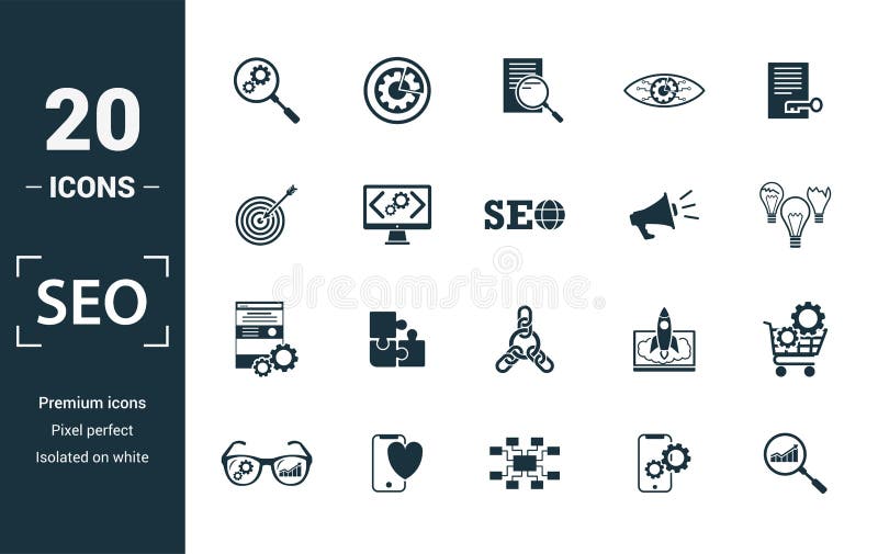 Seo icon set. Include creative elements search optimization, search result, right solution, code optimization, website stock illustration Seo icon set. Include creative elements search optimization, search result, right solution, code optimization, website stock illustration