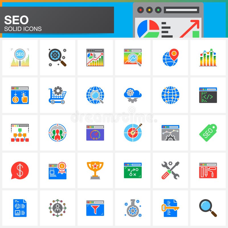 SEO, iconos fijados, colección sólida moderna del símbolo, paquete colorido llenado del vector de la optimización del Search Engi ilustración del vector SEO, iconos fijados, colección sólida moderna del símbolo, paquete colorido llenado del vector de la optimización del Search Engi ilustración del vector