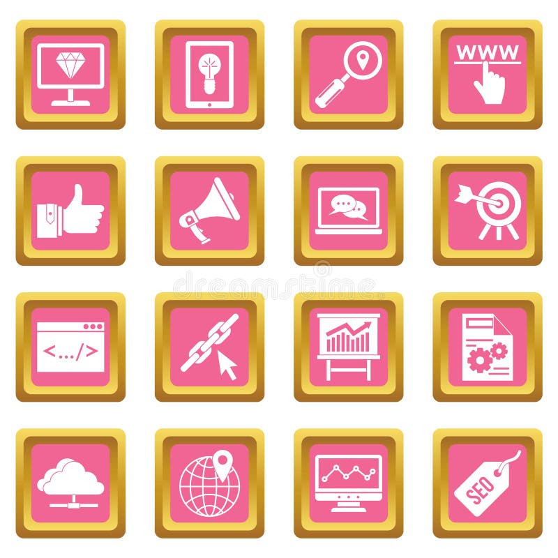 SEO ikon menchie. SEO ikony ustawiać w menchia kolorze odizolowywali wektorową ilustrację dla sieci i żadny projekt