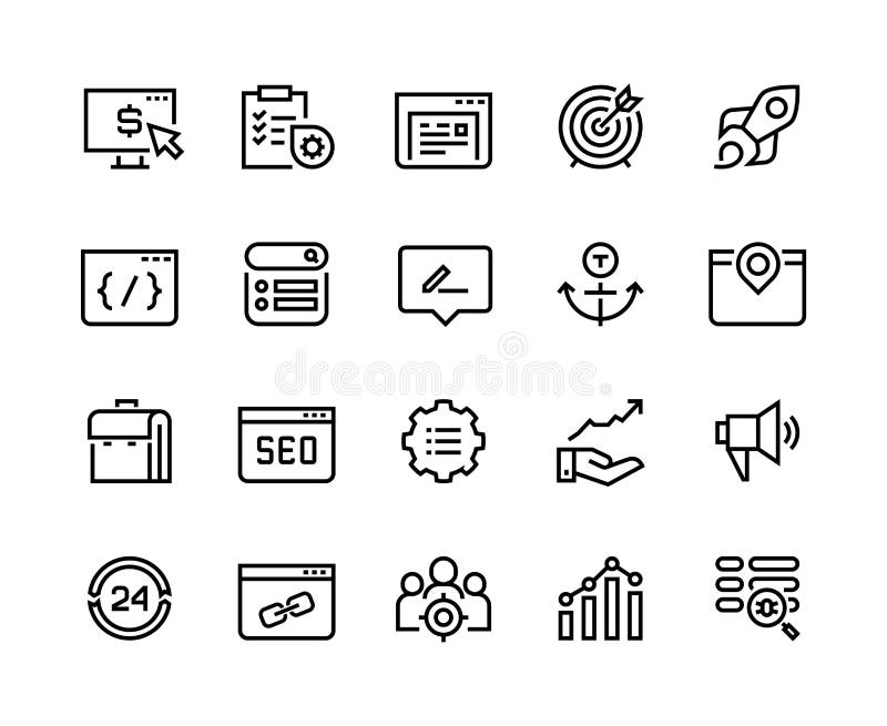 SEO line icons. Web business trend network analysis media target strategy website analytic. Search engine optimization vector infographic set. SEO line icons. Web business trend network analysis media target strategy website analytic. Search engine optimization vector infographic set