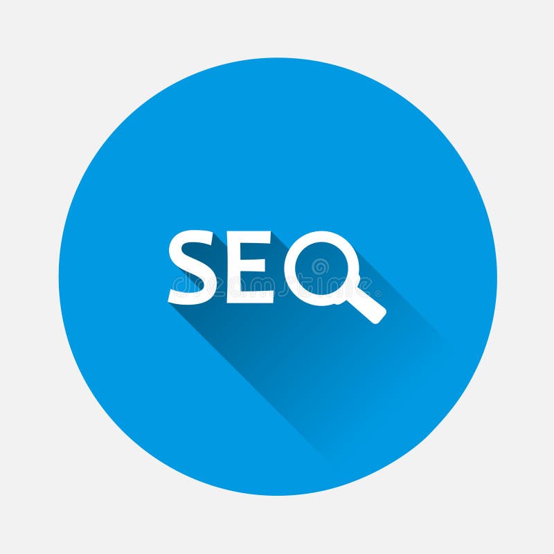 SEO Magnifier Icon on Blue Background. Flat Image with Long Shadow