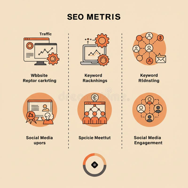 SEO metrics infographic featuring six sections: vector illustration