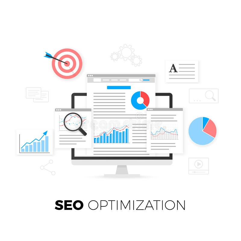 SEO Optimization Concept Stratégie d'optimisation de moteur de recherche Analytics de données Développement et production satisfa illustration libre de droits SEO Optimization Concept Stratégie d'optimisation de moteur de recherche Analytics de données Développement et production satisfa illustration libre de droits