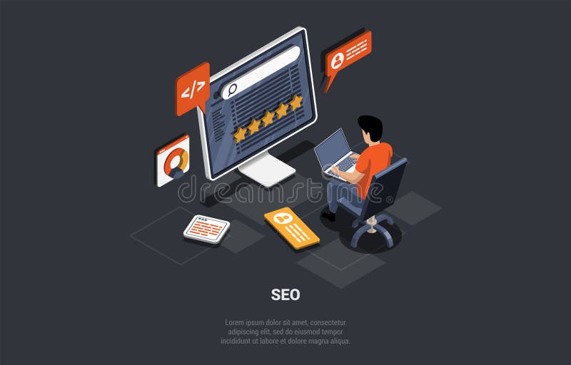 Seo Optimization, SEO Digital Marketing. Marketing And Analytics, Online Ranking Result. Businessman With Laptop In stock illustration