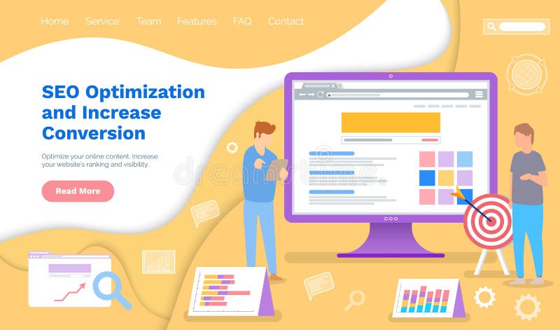 Seo optimization and increase conversion with analytics team working with marketing project stock illustration