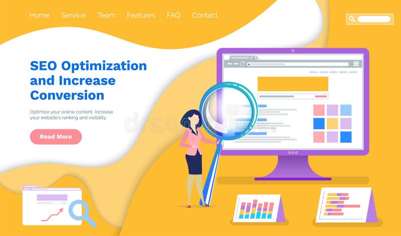 Seo optimization increase of conversion concept. Woman works with data and charts schemes on screen stock illustration