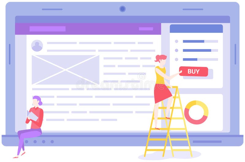 Seo optimization, increase website conversion concept. Colleagues work with online shopping site stock illustration