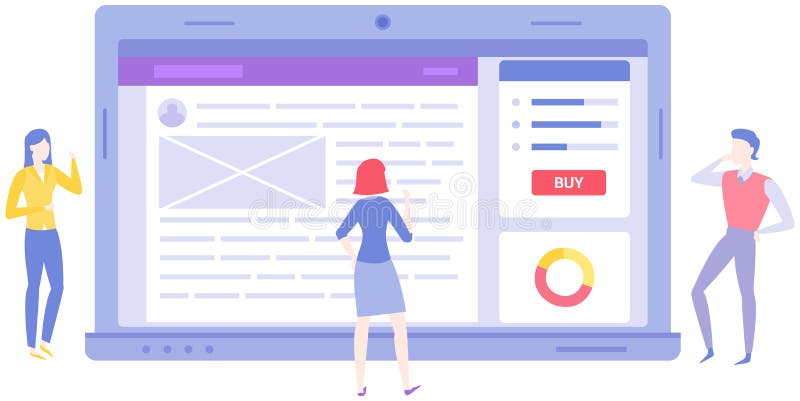 Seo optimization, increase website conversion concept. Colleagues work with online shopping site stock illustration