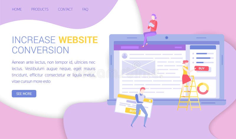 Seo optimization, increase website conversion concept. Colleagues work with online shopping site royalty free illustration