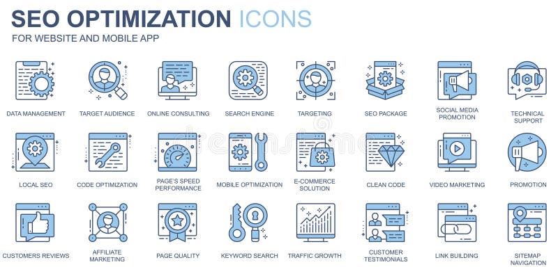 SEO optimization web icons set in duotone line design. Pack of data management, target audience, online consulting royalty free illustration