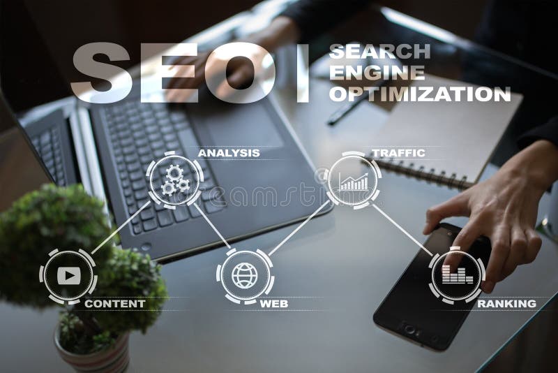 SEO runt om begreppsmässig motorbild för oklarhet letters nyckelordet optimizationseo Begrepp för teknologi för Digital online-ma royaltyfri fotografi