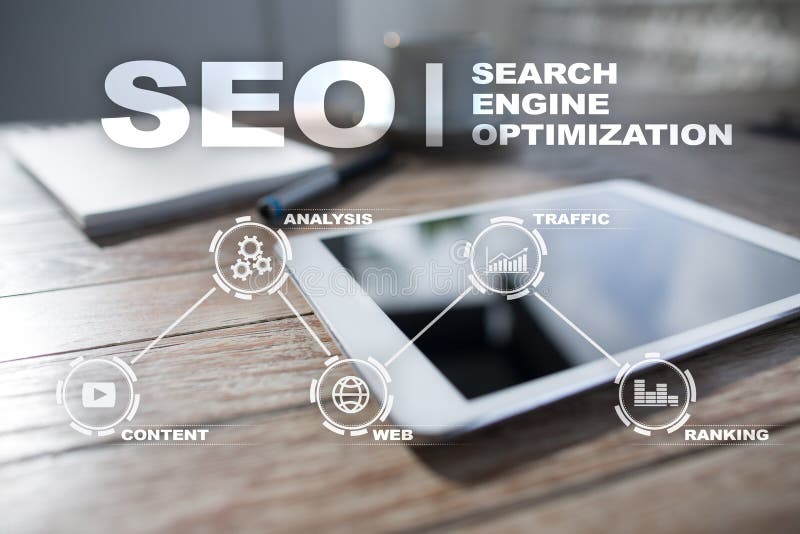 SEO runt om begreppsmässig motorbild för oklarhet letters nyckelordet optimizationseo Begrepp för teknologi för Digital online-ma arkivbild
