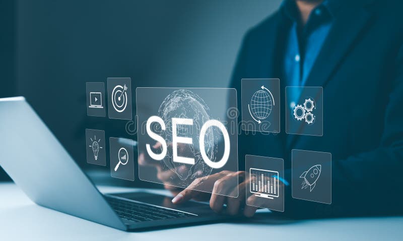 SEO strategy tools and optimization concepts. Marketer working on SEO strategy with laptop and virtual screen showing global SEO stock illustration