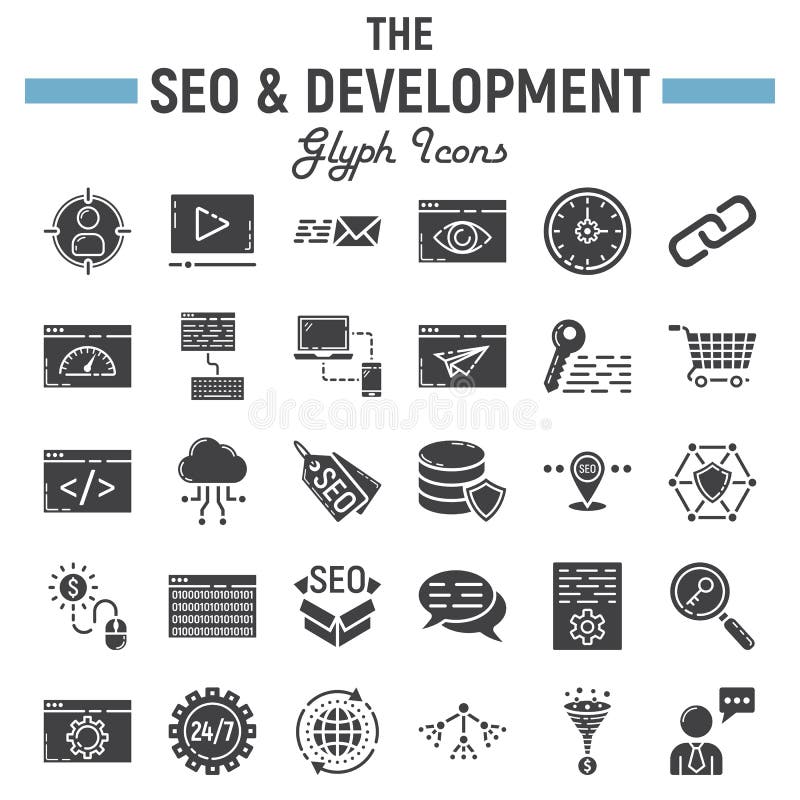 SEO и комплект значка глифа развития, дело подписывают иллюстрация штока SEO и комплект значка глифа развития, дело подписывают иллюстрация штока
