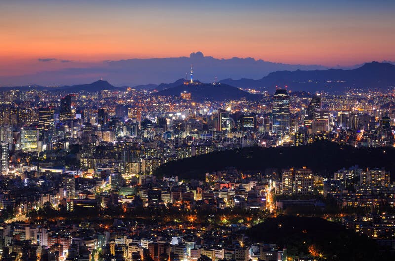 Seoul City in Twilight with Seoul Tower, South Korea. Stock Photo ...