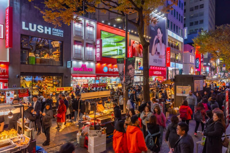 SEOUL, KOREA, NOVEMBER 9, 2019: Myeongdong Food Market during Night at ...