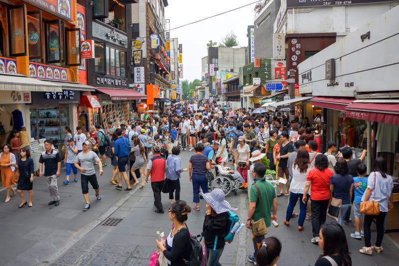 Seoul, South Korea - 1 June 2014, Asian Tourist and local Korean people enjoy walking and shopping around in the shopping street
