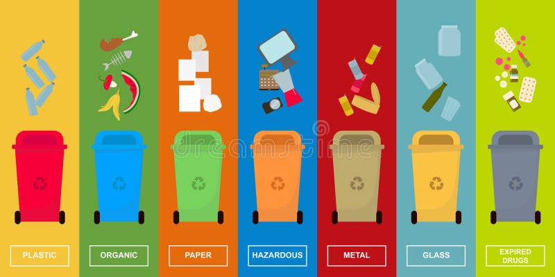 Separación de basura. diferentes papeleras con varios tipos de basura ordenada en fondo de color ilustración creativa ilustración del vector
