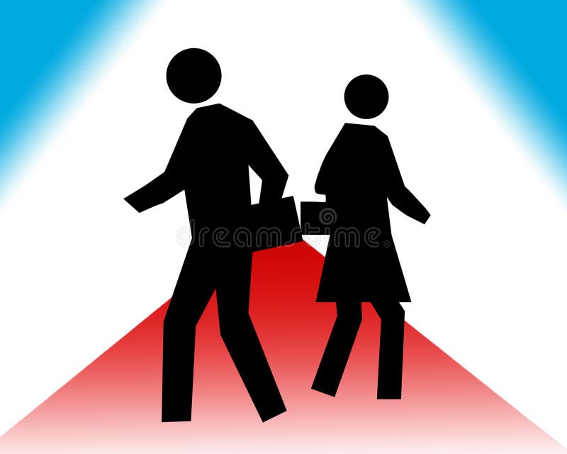Silhouette of man and woman going separate ways on a red, white, and blue background for concepts of busy, different lifestyles or schedules and careers, divorce, work, travel, opposites, stress, jobs, conflict, diversity, etc. Silhouette of man and woman going separate ways on a red, white, and blue background for concepts of busy, different lifestyles or schedules and careers, divorce, work, travel, opposites, stress, jobs, conflict, diversity, etc.