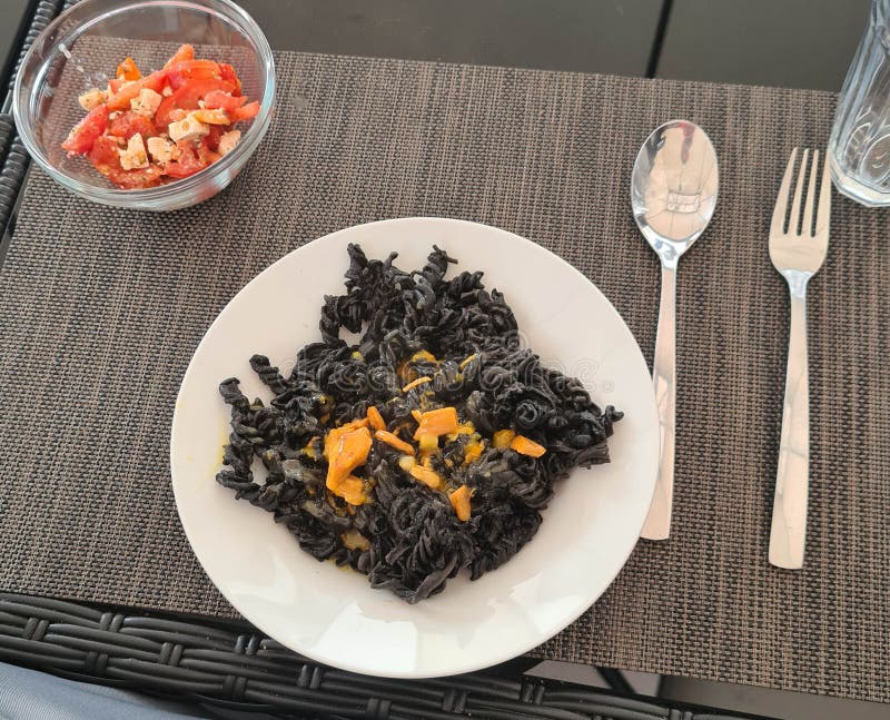 Pasta negra Sepia noodles stock image. Image of herb - 247266195