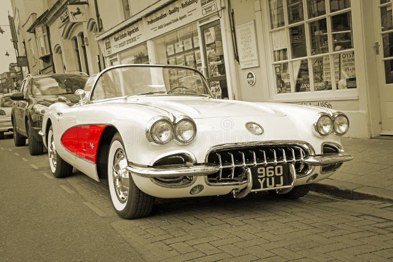 Photo of a vintage chevrolet corvette C1 classic showing wing panel detail and white wall tyres taken 18th april 2017. Photo of a vintage chevrolet corvette C1 classic showing wing panel detail and white wall tyres taken 18th april 2017.