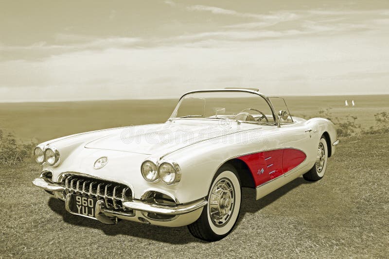 Photo of a vintage chevrolet corvette C1 classic showing wing panel detail and white wall tyres taken 18th april 2017. Photo of a vintage chevrolet corvette C1 classic showing wing panel detail and white wall tyres taken 18th april 2017.