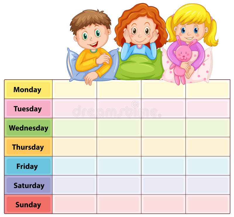 Sept jours de la table de semaine avec des enfants dans des pyjamas illustration libre de droits Sept jours de la table de semaine avec des enfants dans des pyjamas illustration libre de droits