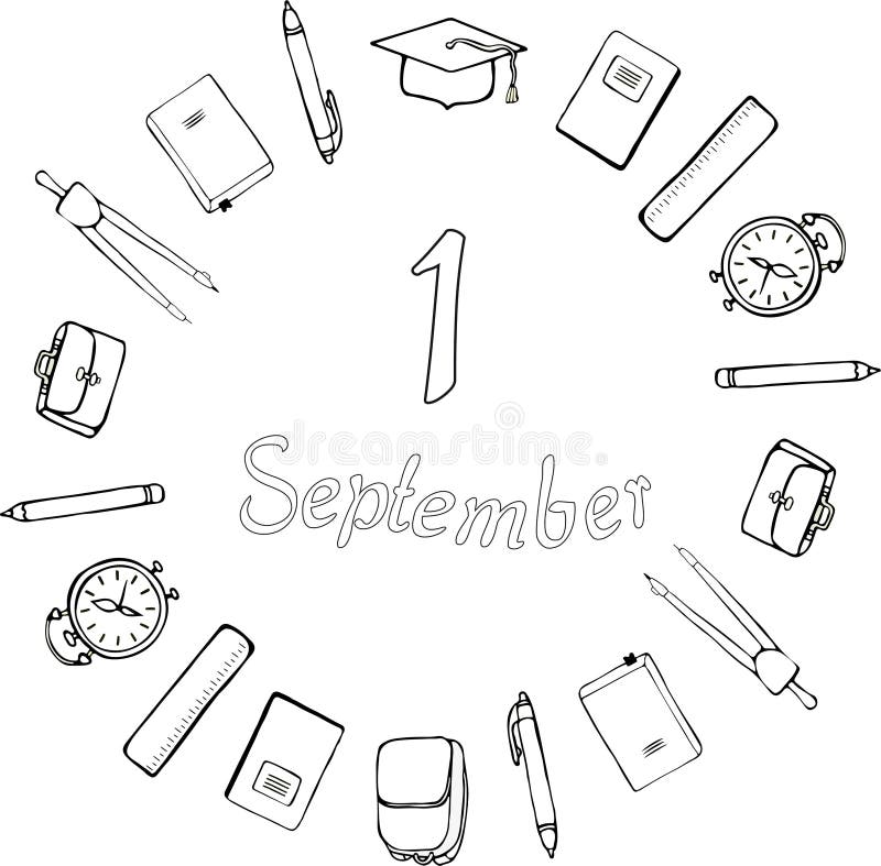 1 September. Logo. Black and white. School supplies, square academic cap, alarm clocks, briefcases and satchels around the inscrip royalty free illustration 1 September. Logo. Black and white. School supplies, square academic cap, alarm clocks, briefcases and satchels around the inscrip royalty free illustration