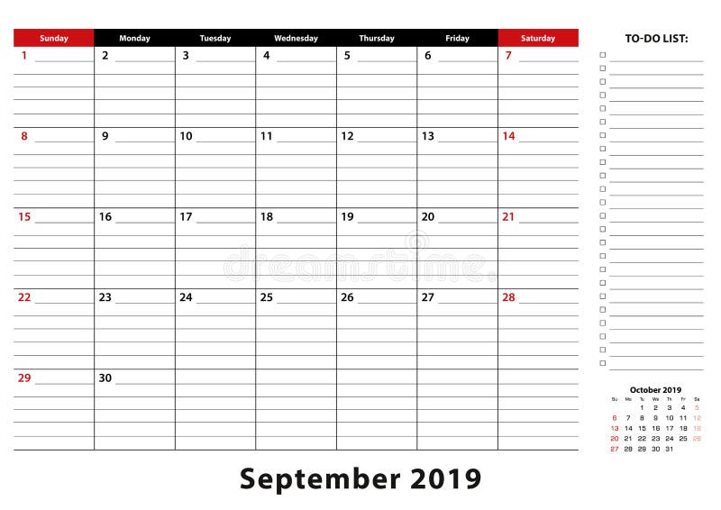 September 2019 Monthly Desk Pad Calendar Week Starts From Sunday