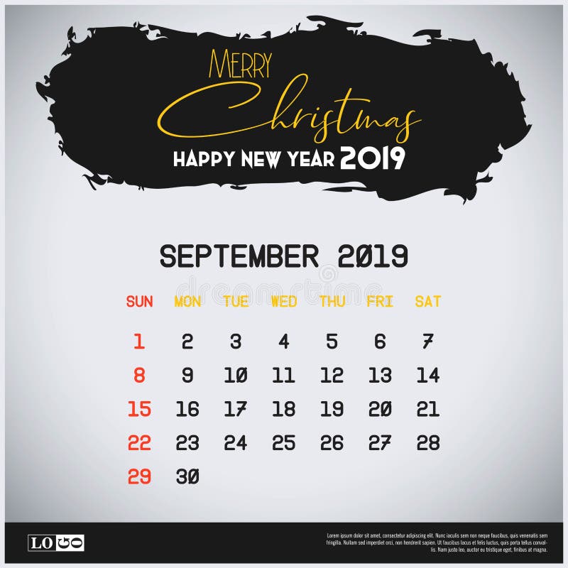 September 2019 New Year Calendar Template. Brush Stroke Header