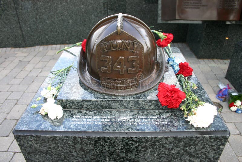 Bronze firefighter helmet engraved FDNY 343 found at the Essex County Eagle Rock September 11th Memorial in West Orange, New Jersey. Below the helmet, in the granite pedestal, the engraving reads: With deepest gratitude from the people of Essex County, New Jersey, in memory of the 343 New York City Firefighters who sacrificed their lives in the line of duty on September 11, 2001. Bronze firefighter helmet engraved FDNY 343 found at the Essex County Eagle Rock September 11th Memorial in West Orange, New Jersey. Below the helmet, in the granite pedestal, the engraving reads: With deepest gratitude from the people of Essex County, New Jersey, in memory of the 343 New York City Firefighters who sacrificed their lives in the line of duty on September 11, 2001.