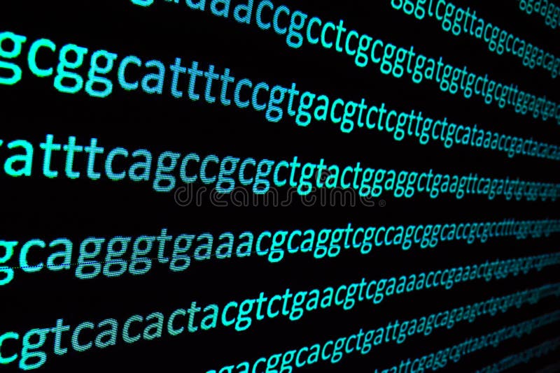 Sequencing the genome. Background on the subject of DNA sequencing, symbols of nucleotide bases on the dark. Gene sequence stock images, royalty-free photos and pictures