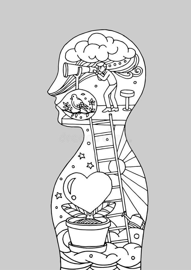Ser humano abstracto del alma de la mente del cuerpo, mundo, universo dentro de su mente, mano del vector dibujada stock de ilustración Ser humano abstracto del alma de la mente del cuerpo, mundo, universo dentro de su mente, mano del vector dibujada stock de ilustración