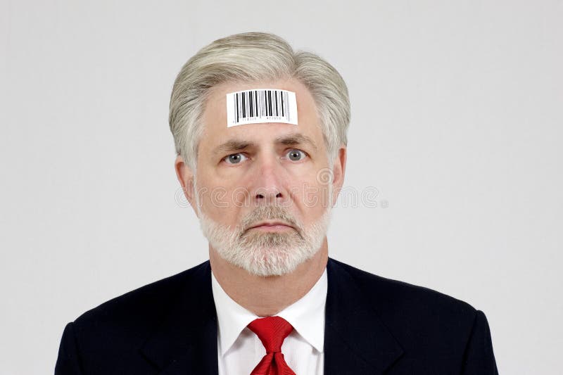 A businessman with a barcode on his head showing how he thinks his employer sees him. A businessman with a barcode on his head showing how he thinks his employer sees him.