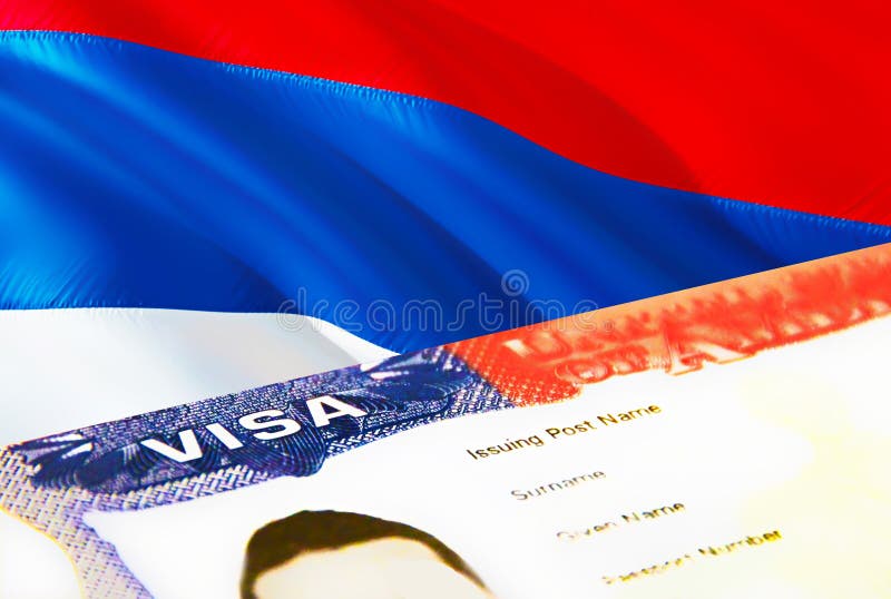 Serbia immigration document close up. Passport visa on Serbia flag. Serbia visitor visa in passport,3D rendering. Serbia multi royalty free illustration