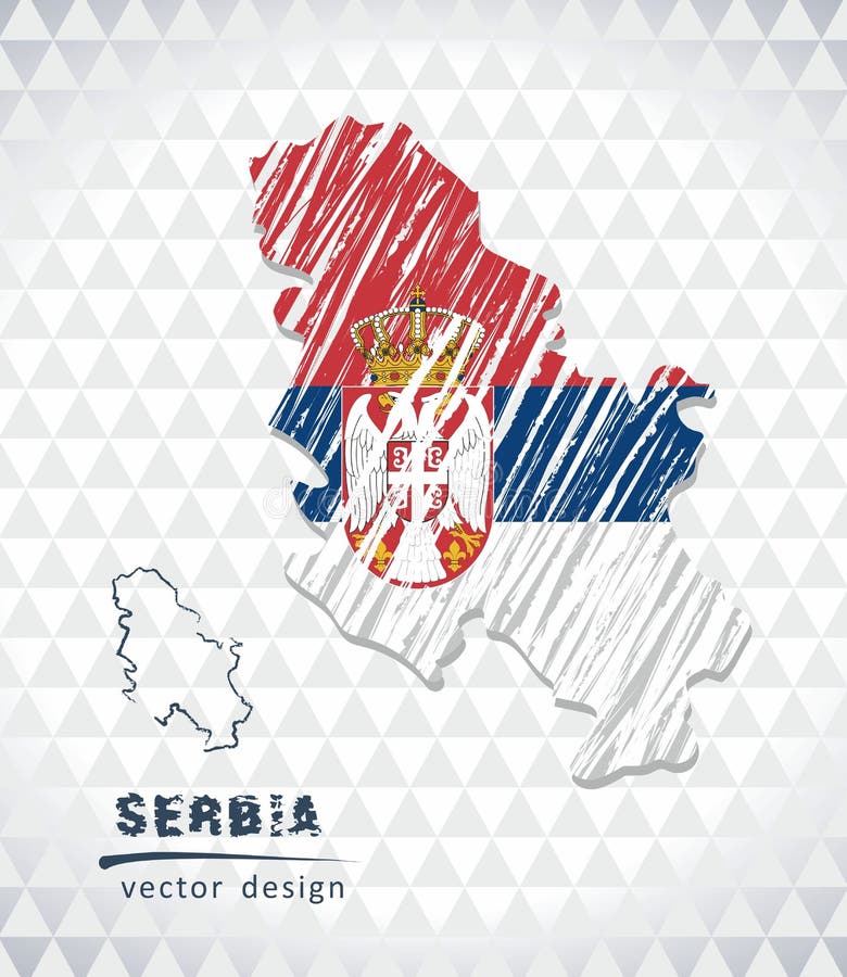 Serbia vector map with flag inside isolated on a white background. Sketch chalk hand drawn illustration