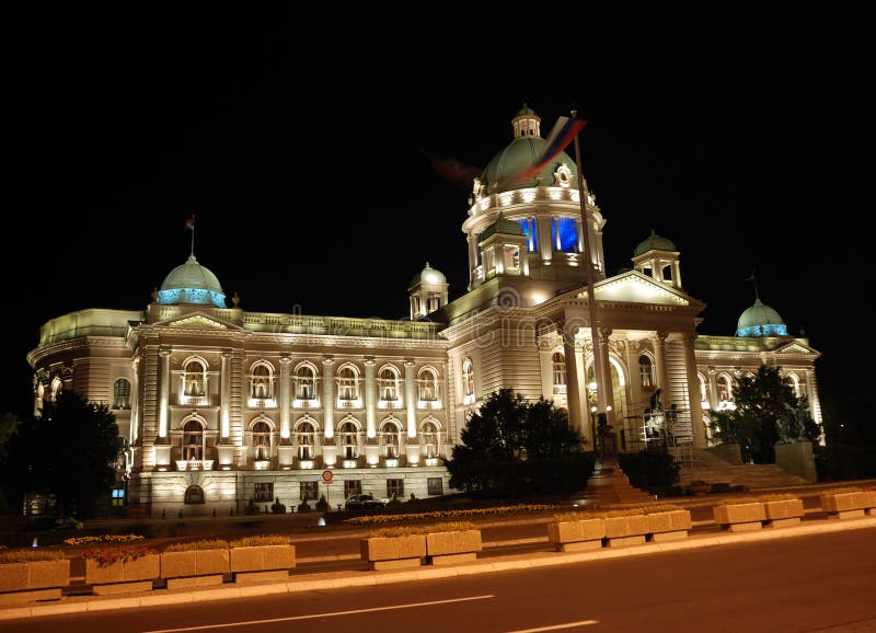 Serbian parliament building - night scene stock photos