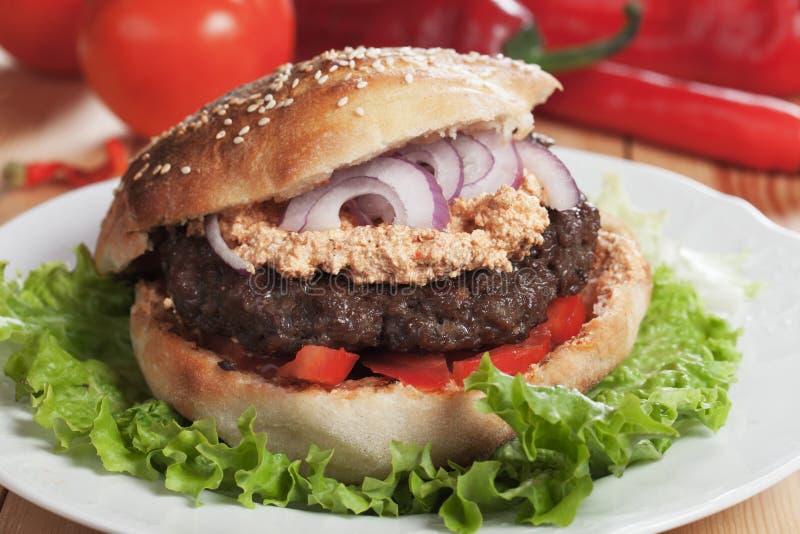 Serbian pljeskavica burger stock image. Image of barbecue - 88669455