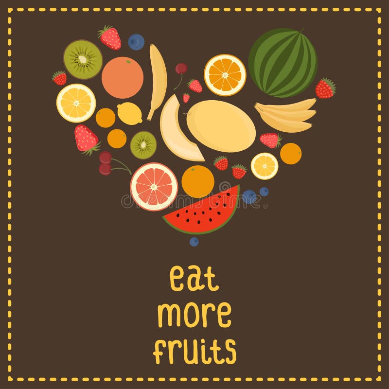 Heart From Fruit, Isolated, Vector Illustration. Eat more fruits card. Inspiration message. Healthy lifestyle poster. Heart From Fruit, Isolated, Vector Illustration. Eat more fruits card. Inspiration message. Healthy lifestyle poster.