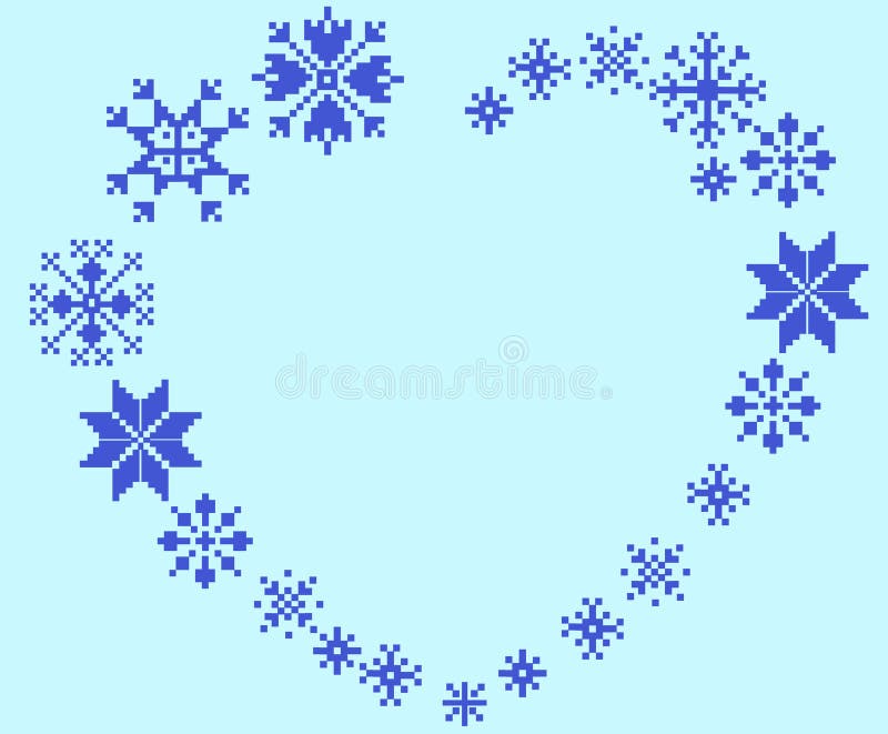 Frame in the form of heart from snowflakes, snowflakes for cross-stitching, snowflakes from squares, pixels. Frame in the form of heart from snowflakes, snowflakes for cross-stitching, snowflakes from squares, pixels