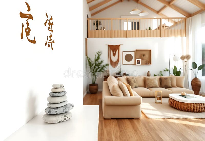Seren modern living Cameră de zi echilibrată pietre decor calm stil minimalist calm vector illustration