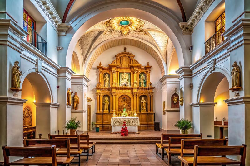 Serene altar från kyrkan i Santa ana i maca peru, ett minimalistiskt perspektiv på andlig arkitektur och kultur royaltyfri illustrationer