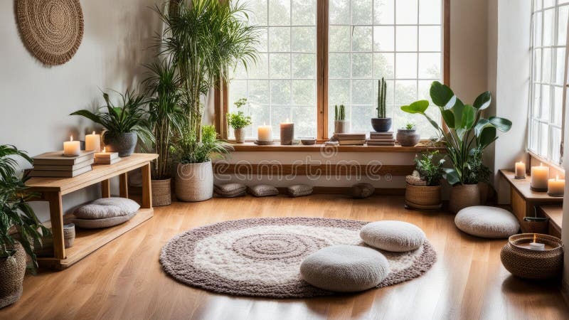 Serene area showcasing soft cushions, lit candles, and lush foliage. Sunlight filters through windows, creating an royalty free stock photography
