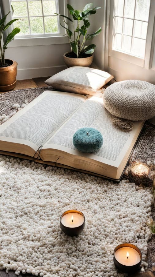 Serene area showcasing soft cushions, lit candles, and lush foliage. Sunlight filters through windows, creating an stock photo