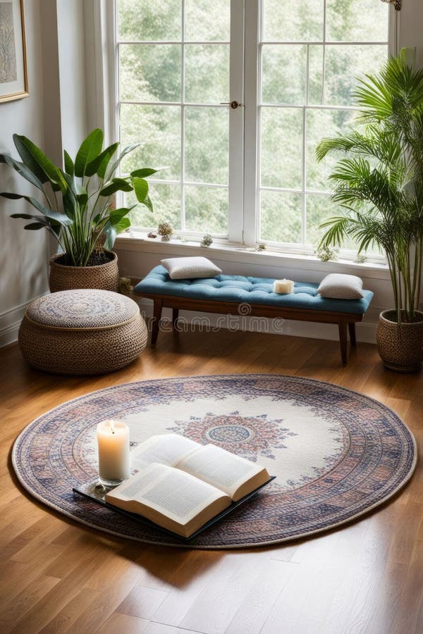 Serene area showcasing soft cushions, lit candles, and lush foliage. Sunlight filters through windows, creating an royalty free stock images