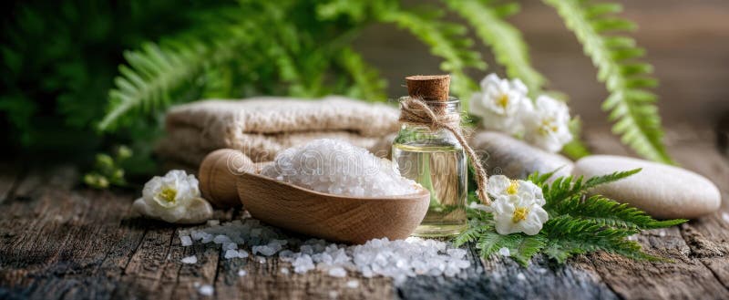 The serene arrangement of spa essentials and natural beauty elements. image stock photos.